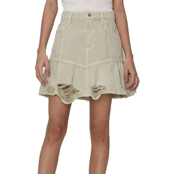 7 For All Mankind Olive Green Distressed Denim Mini Skirt Womens Size 23 - Picture 1 of 16